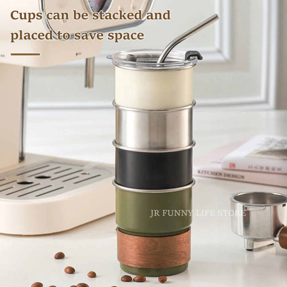 300ML Stainless Steel Cup For Coffee Iced Coffee Cup With Straw Lid Portable Tea Beer Mug For Outdoor Travel Camping Drinkware